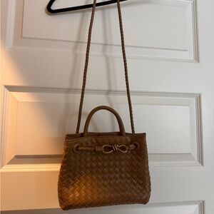 Woven Leather Top-Handle Crossbody Bag - Brown